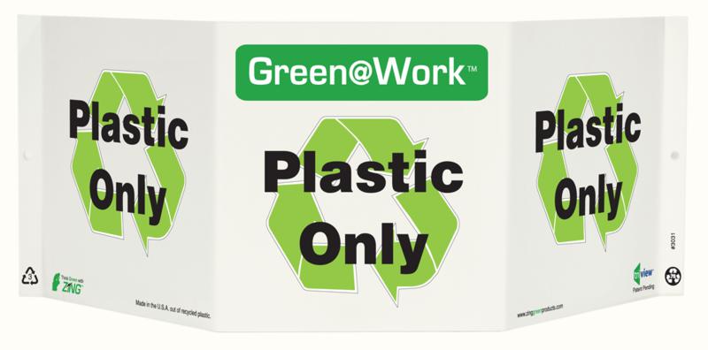 ZING 3031 Green at Work Tri-View Sign, Plastic Only, Recycle Symbol, 7.5Hx20W, Projects 5 Inches, Recycled Plastic 