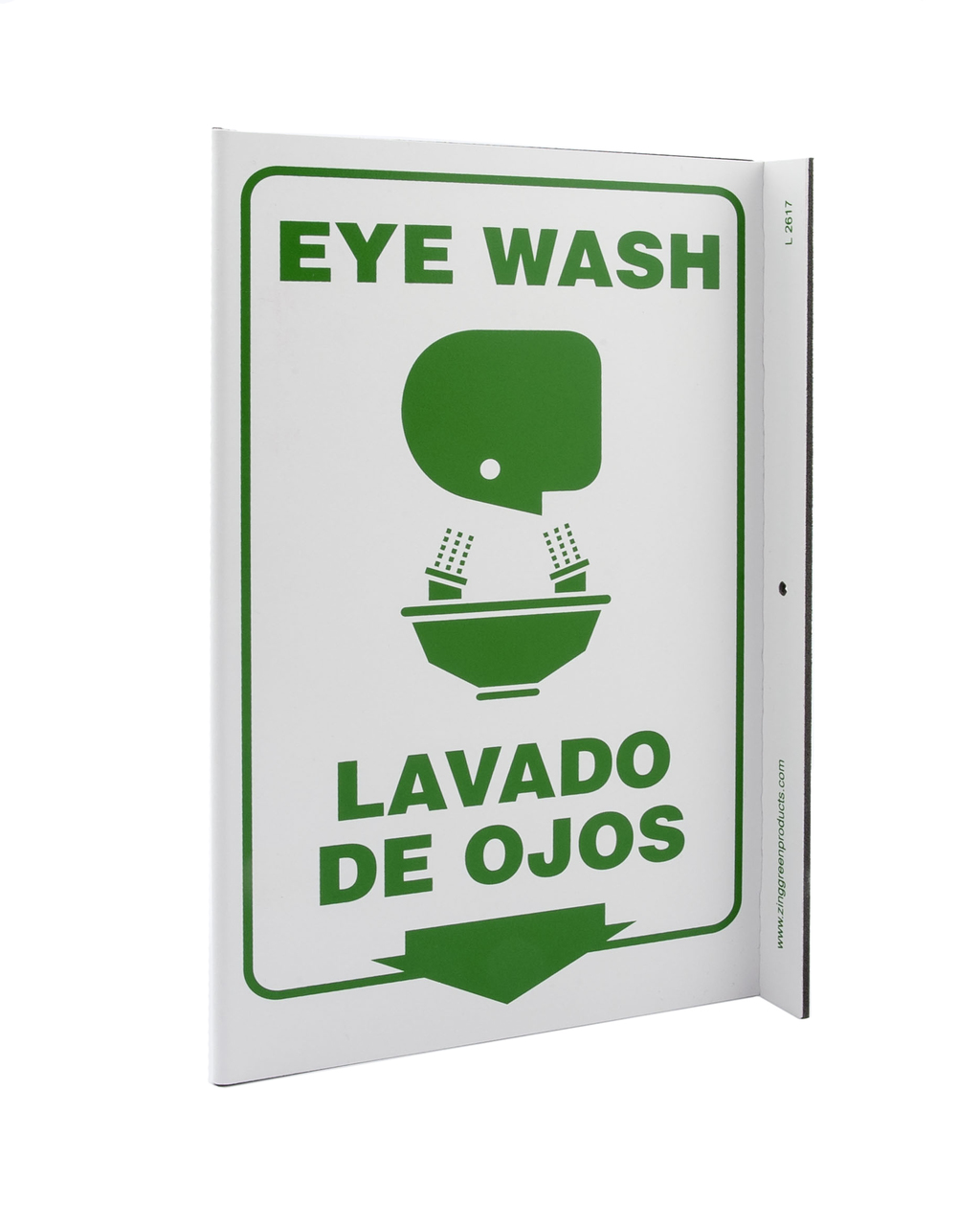 ZING 2617 Eco Safety L Sign, Eye Wash Bilingual, 11Hx2.5Wx8D, Recycled Plastic 